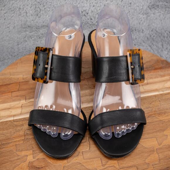 Fabianelli Black Leather Block Heel Sandals Women 9 Two Bands Tortoise Buckle - Picture 2 of 5